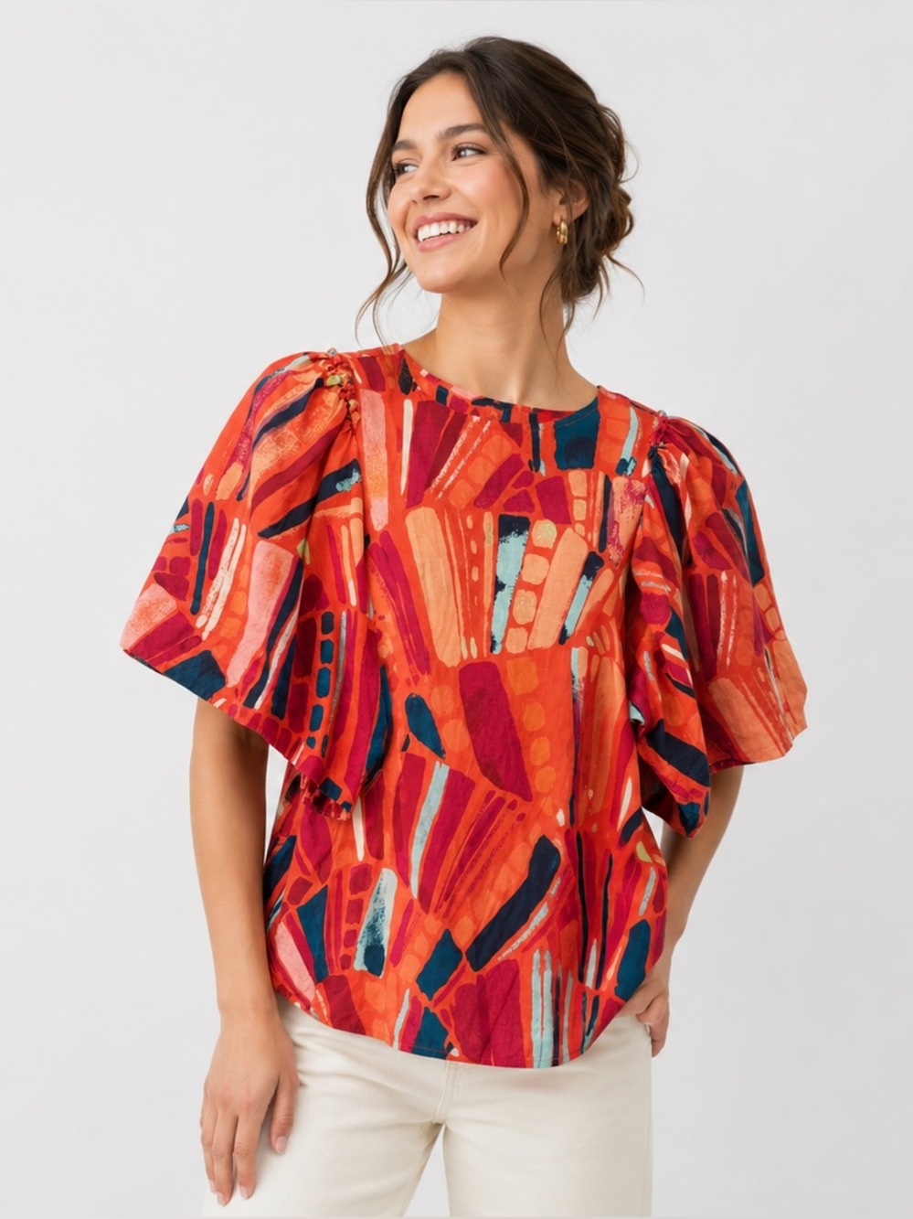 Marie Oliver Abstract Print Puff Sleeve Blouse XS Bright Coral Pink Orange Top
